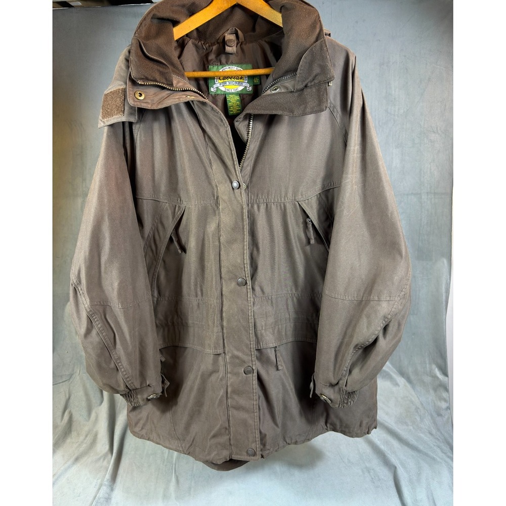 Cabelas Jacket Womens Rain Resistant Brown Field Coat Packable Hood Full Zip 2XL
